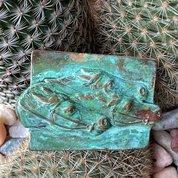 Vintage Elaine Coyne Modernist Brass Verdigris Patina Horse Head Belt Buckle